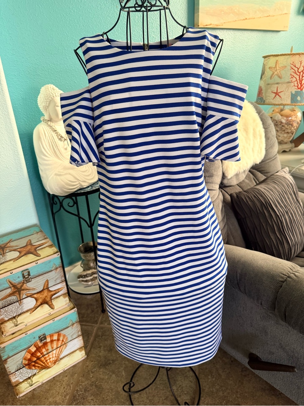 Calvin Klein Blue and White Striped Top